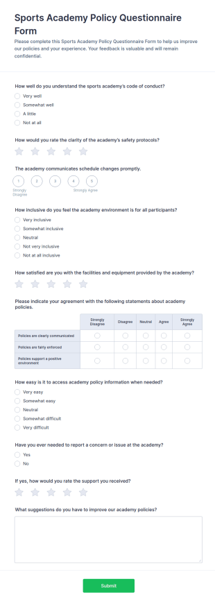 Sports Academy Policy Questionnaire Form Template