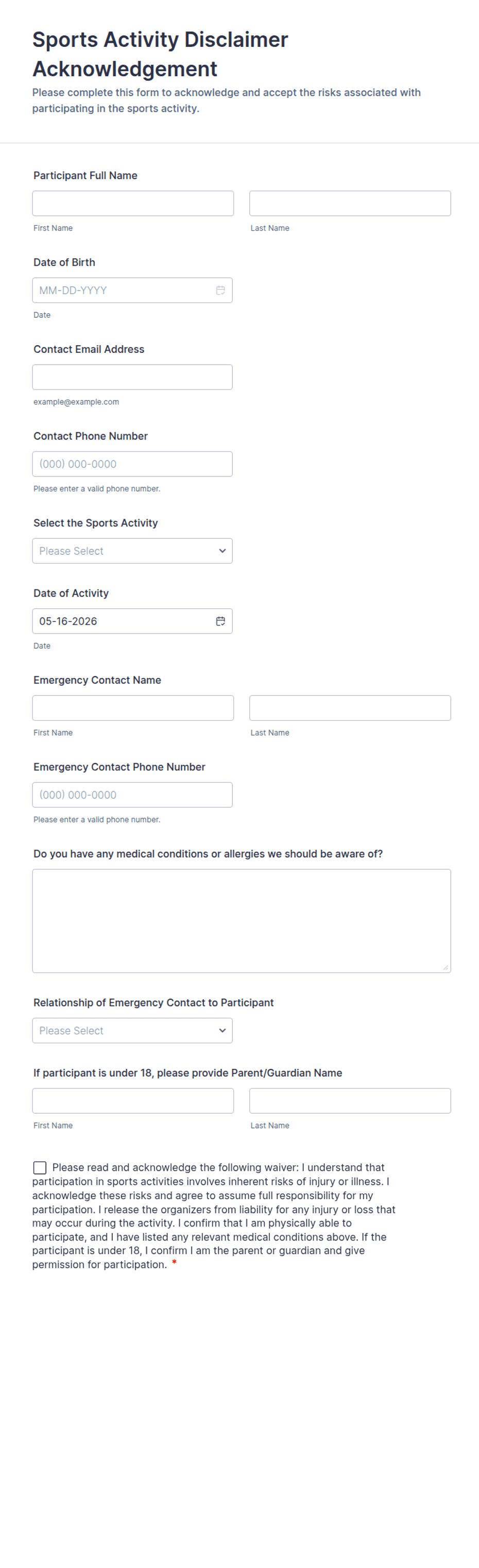 Template Disclaimer Exercise Routine Sports Activity Disclaimer Acknowledgement Form Template | Jotform