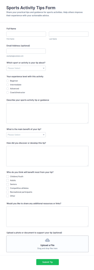 Sports Activity Tips Form Template