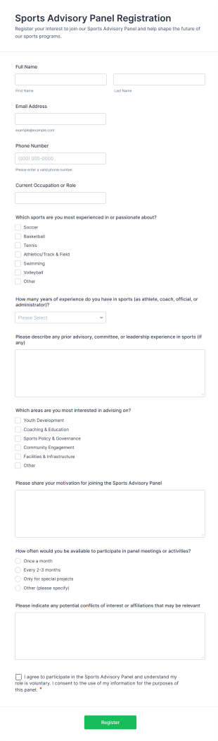 Sports Advisory Panel Registration Form Template