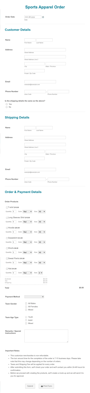 Sports Apparel Order Form Template