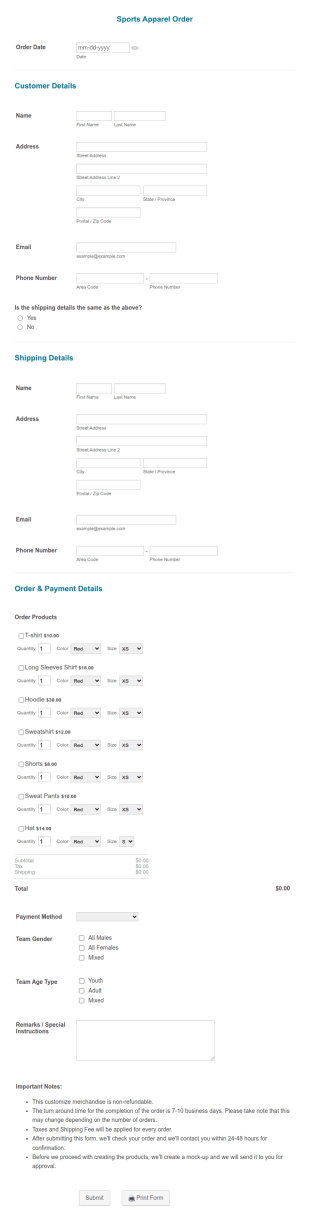 Sports Apparel Order Form Template