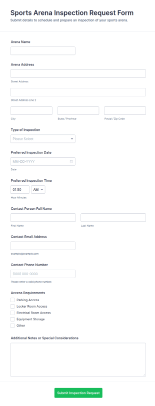 Sports Arena Inspection Request Form Template