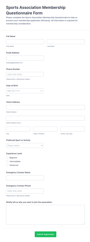 Sports Association Membership Questionnaire Form Template