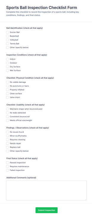 Sports Ball Inspection Checklist Form Template