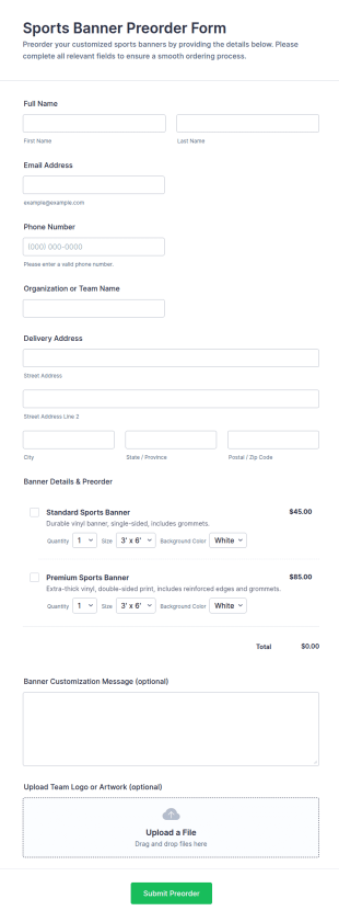 Sports Banner Preorder Form Template