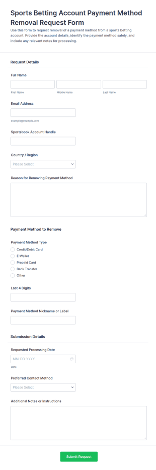 Sports Betting Account Payment Method Removal Request Form Template