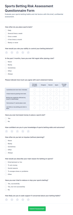 Sports Betting Risk Assessment Questionnaire Form Template