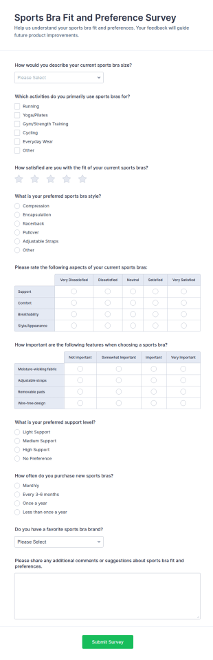 Sports Bra Fit And Preference Survey Form Template