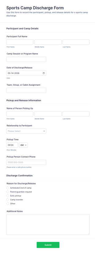Sports Camp Discharge Form Template