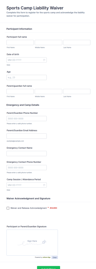 Sports Camp Liability Waiver Form Template