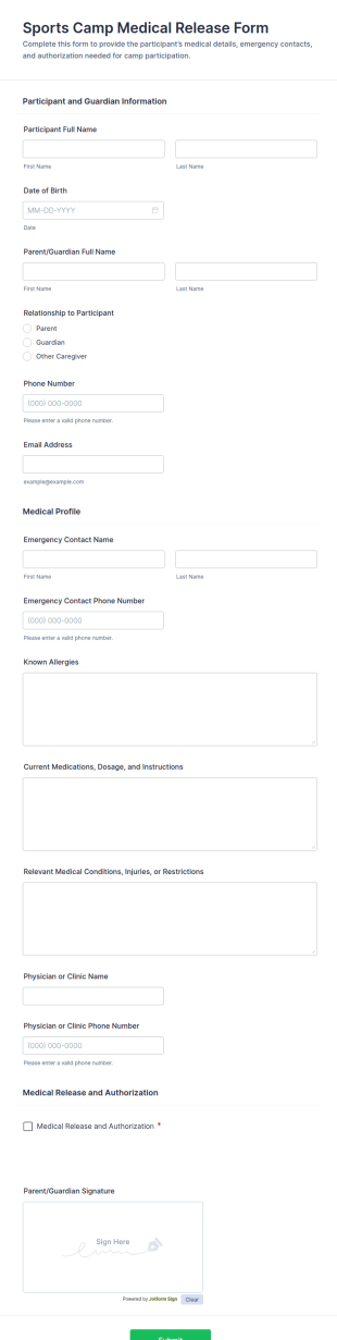 Sports Camp Medical Release Form Template