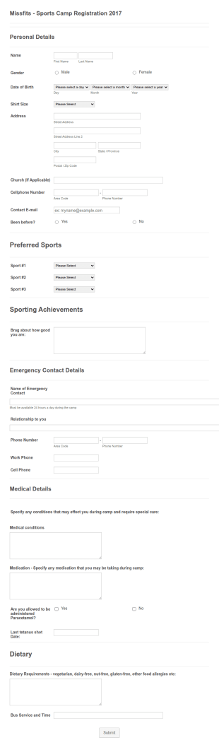 Sports Camp Registration Form Template