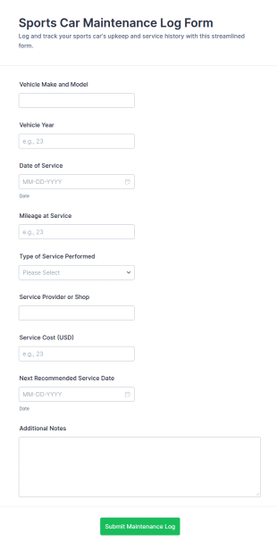 Sports Car Maintenance Log Form Template