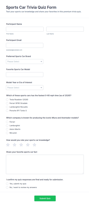 Sports Car Trivia Quiz Form Template
