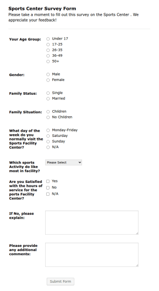 Sports Center Survey Form Template