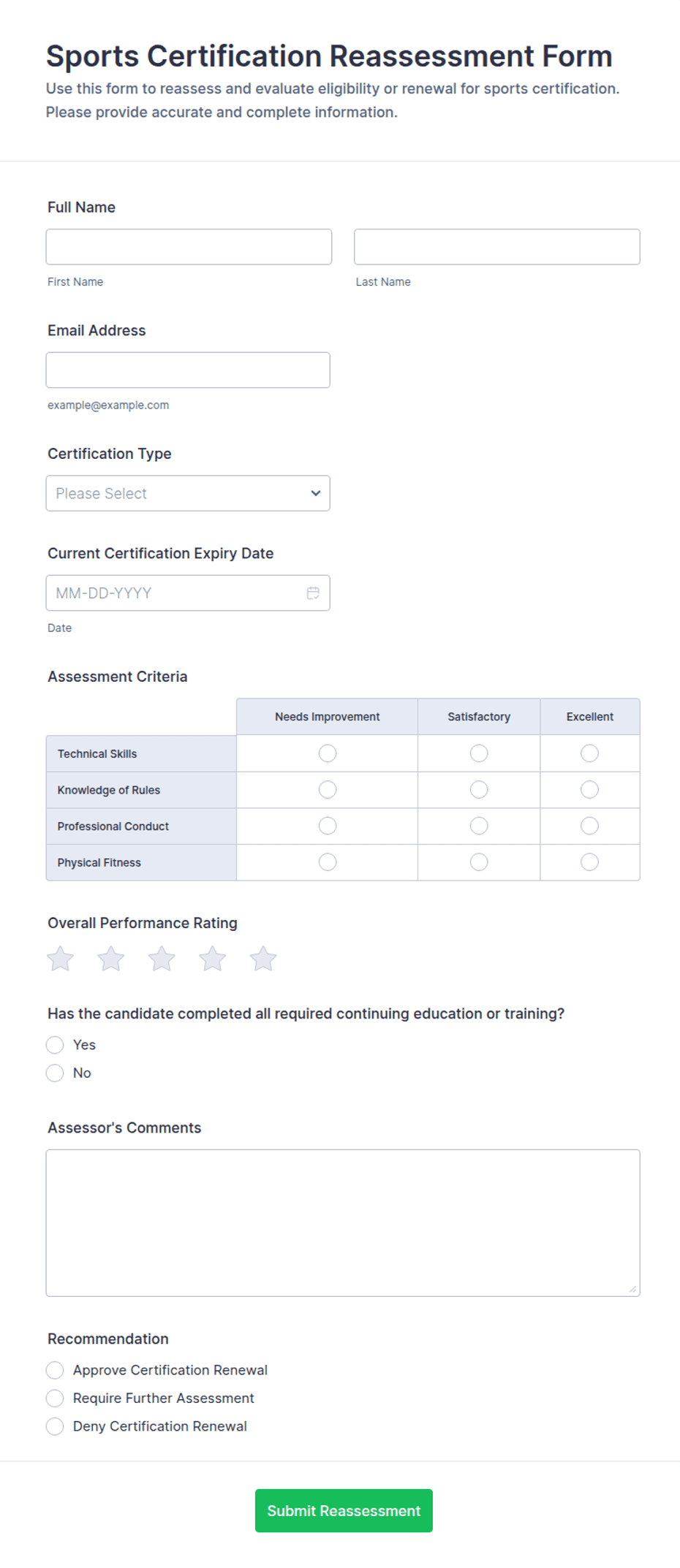 Sports Certification Reassessment Form Template | Jotform