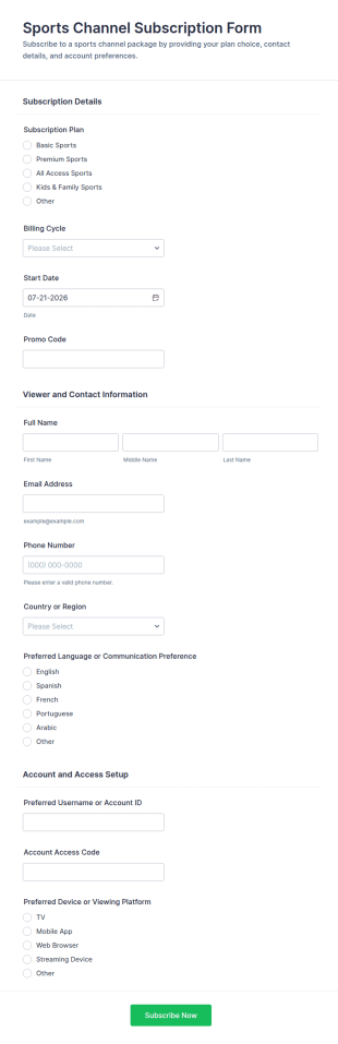 Sports Channel Subscription Form Template