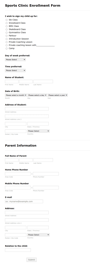 Sports Clinic Enrollment Form Template
