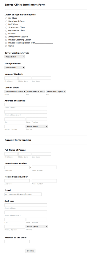 Sports Clinic Enrollment Form Template