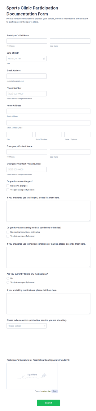 Sports Clinic Participation Documentation Form Template