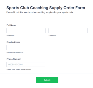 Sports Club Coaching Supply Order Form Template