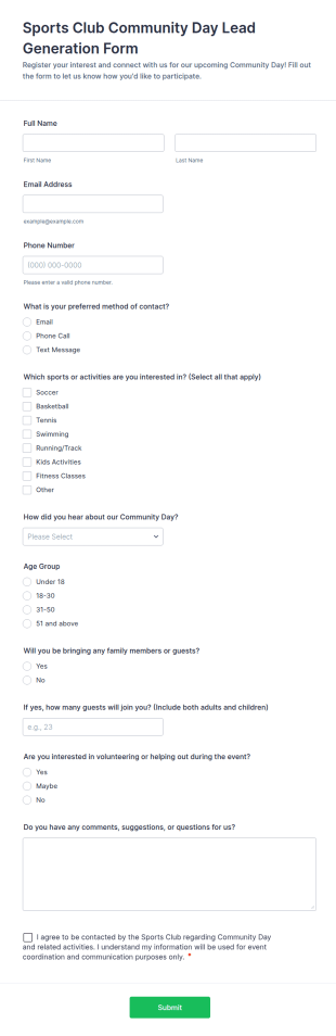 Sports Club Community Day Lead Generation Form Template