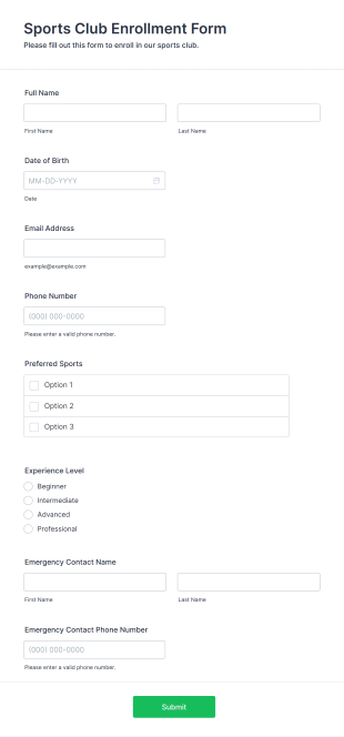 Sports Club Enrollment Form Template
