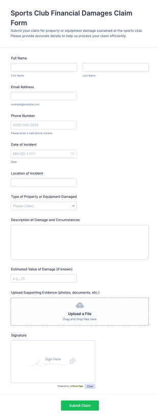 Sports Club Financial Damages Claim Form Template