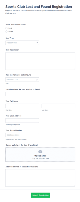Sports Club Lost And Found Registration Form Template
