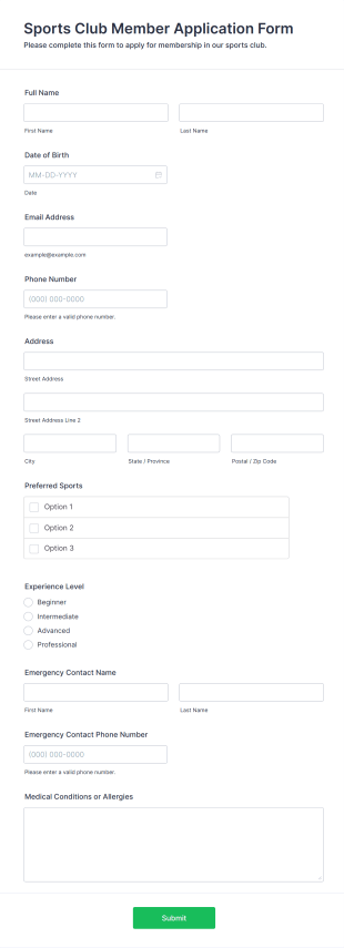 Sports Club Member Application Form Form Template