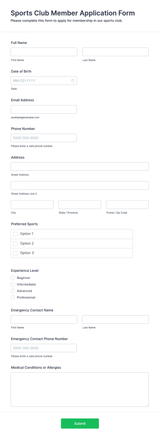 Sports Club Member Application Form Template