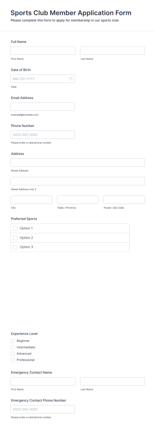 Sports Club Member Application Form Template