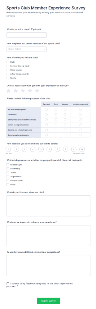 Sports Club Member Experience Survey Form Template