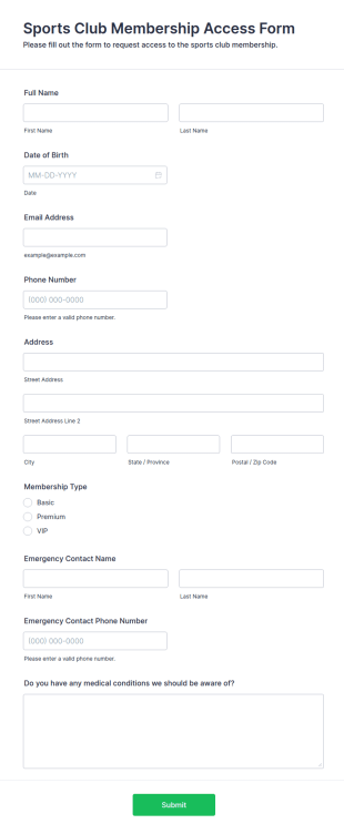 Sports Club Membership Access Form Template