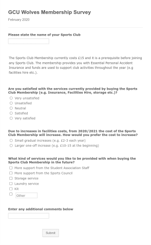 Sports Club Membership Survey Form Template