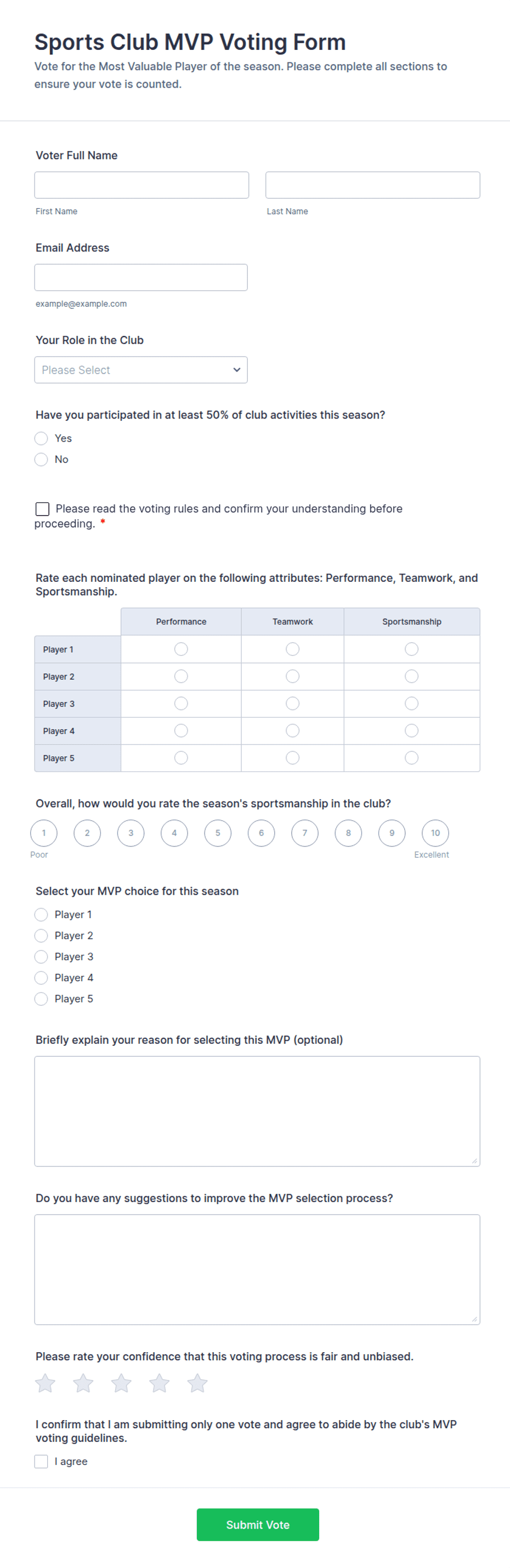 Voting Form Excel Sports Club MVP Voting Form Template | Jotform