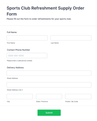 Sports Club Refreshment Supply Order Form Template
