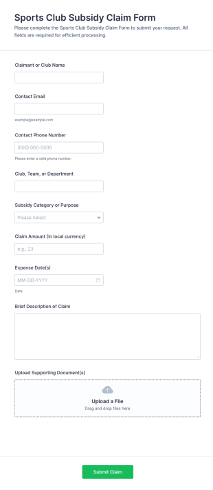 Sports Club Subsidy Claim Form Template