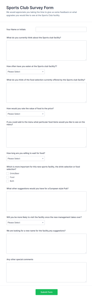Sports Club Survey Form Template