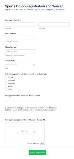 Sports Co Op Registration And Waiver Form Template