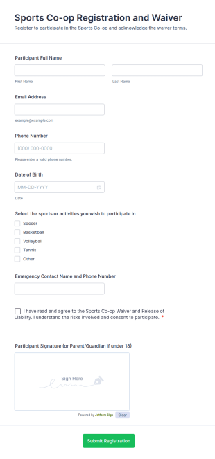 Sports Co Op Registration And Waiver Form Template