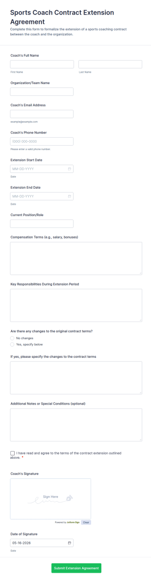 Sports Coach Contract Extension Agreement Form Template