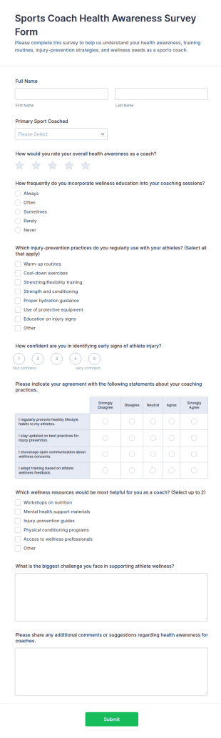 Sports Coach Health Awareness Survey Form Template