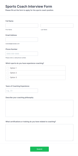 Sports Coach Interview Form Form Template