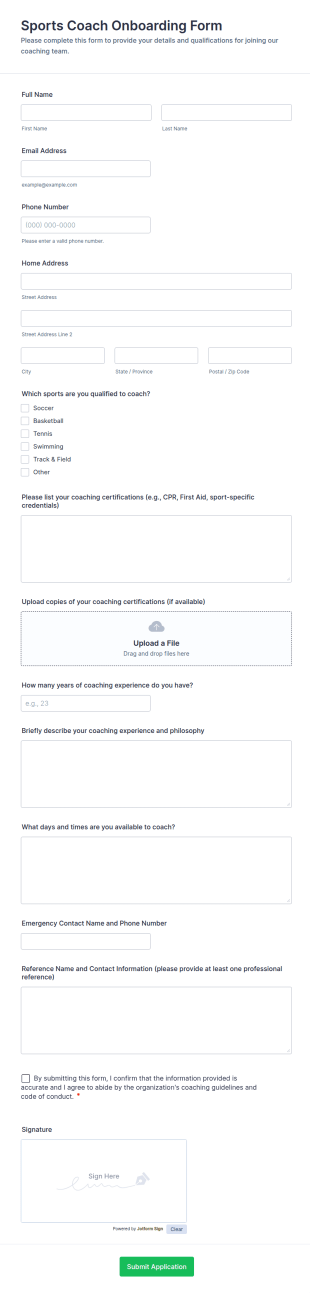 Sports Coach Onboarding Form Template