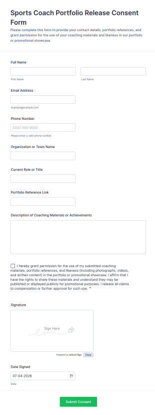 Sports Coach Portfolio Release Consent Form Template