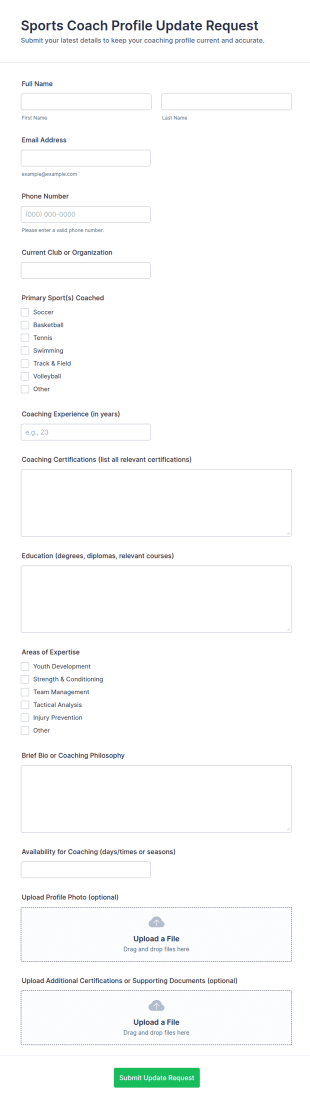 Sports Coach Profile Update Request Form Template