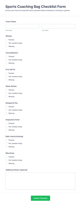 Sports Coaching Bag Checklist Form Template