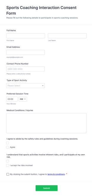 Sports Coaching Interaction Consent Form Template